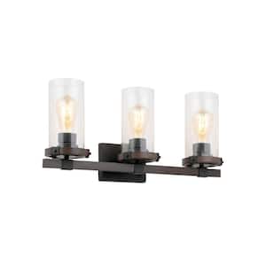 24 in. W 3-Light Dark Brown Wood Finish Vanity Light with Clear Seeded Glass
