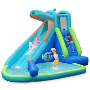 Blue Inflatable Kids Hippo Bounce House Slide Climbing Wall Splash Pool with Bag