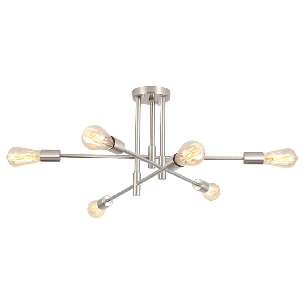 27.56 in. 6-Light Nickel Sputnik Semi- Flush Mount Ceiling Lights with 360
