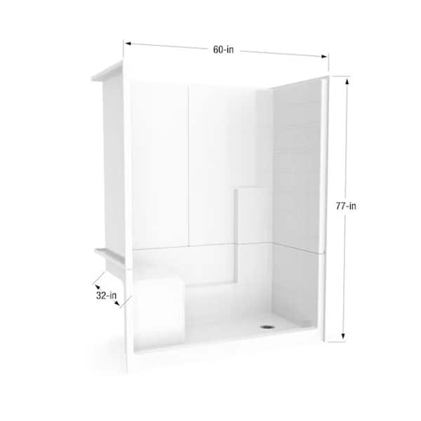 60 in. x 33 in. x 77 in. Freedom 3-Piece Low Threshold Shower Stall in White LHS Molded Seat Accessories Right Drain