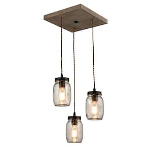 40 Watt 3-Light Bronze Finished Shaded Pendant Light with Clear GGlass Glass Shade and No Bulbs Included