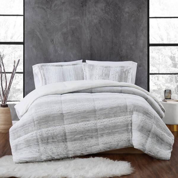 Snow Leopard 3 Piece Grey Faux Fur King Comforter Set Cs3769gykg 1700 The Home Depot