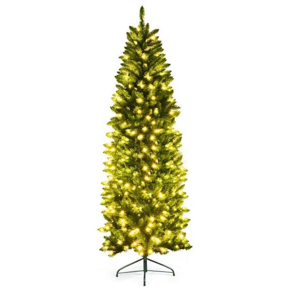 Wellfor 7 Ft. Green Pre-Lit Led Pvc Silm Fir Pencil Artificial Christmas Tree With Warm White Ul-Listed Lights Cm-Hwy-22811