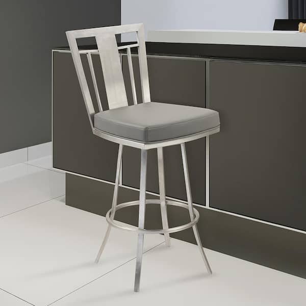 Armen Living Cleo 30 in. Gray Faux Leather and Brushed Stainless Steel Finish Swivel Bar Stool