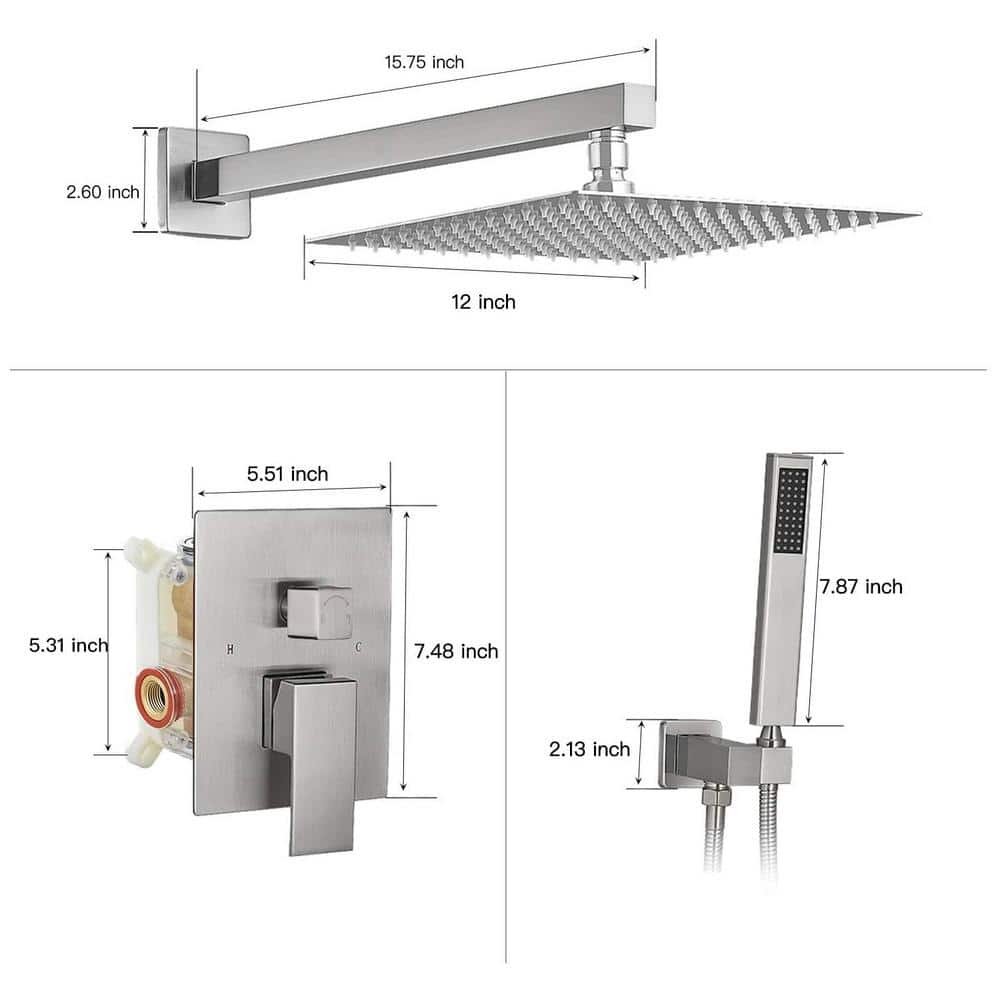 12-Inch Brushed Nickel Square Rain Shower System with Handheld