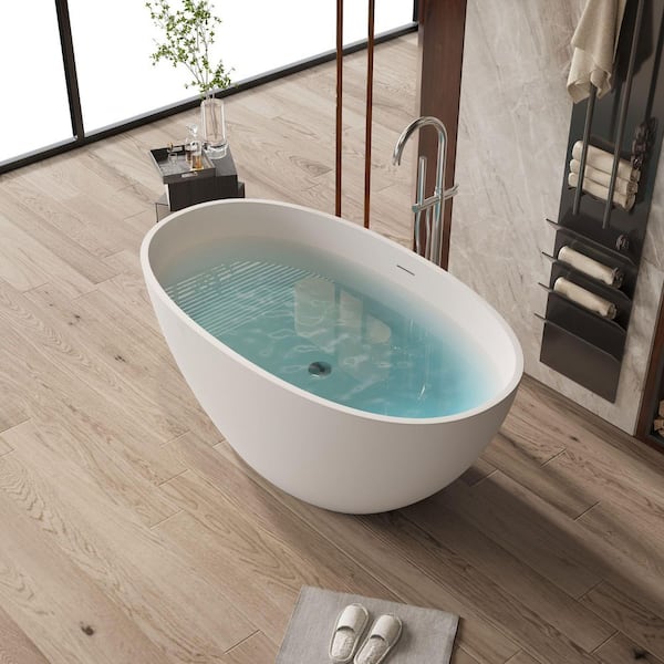 Foyil 55 in. x 31 in. Solid Surface Stone Resin Flatbottom Freestanding Bathtub Soaking Bathtub in Matte White
