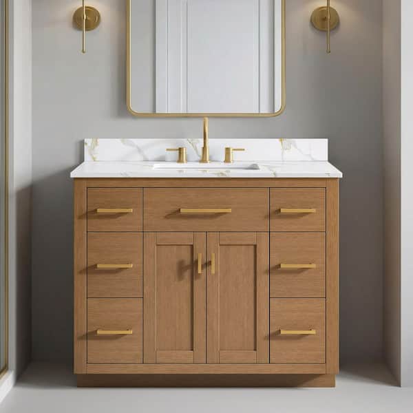 Brockham 42 in. Single Sink Freestanding Bathroom Vanity in Caramel Oak with Calacatta Gold Quartz Top (Assembled)