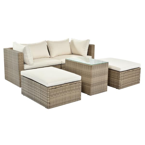 waelph 5-Piece Wicker Patio Conversation Set with Beige Cushions