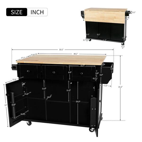 Black Rubber wood 29.50 in.W Kitchen Island with 5-Wheels Storage