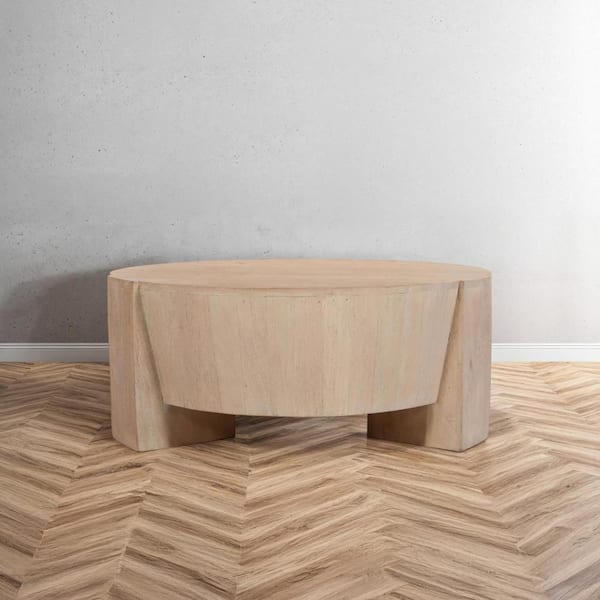 THE URBAN PORT Joana 35 in. Natural Brown Round Drum Shape Mango Wood Coffee Table with 3 Legs