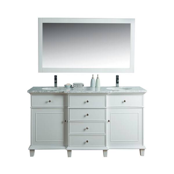 stufurhome Cadence 60 in. W x 22 in. D Vanity in White with Marble Vanity Top in Carrara White and Mirror