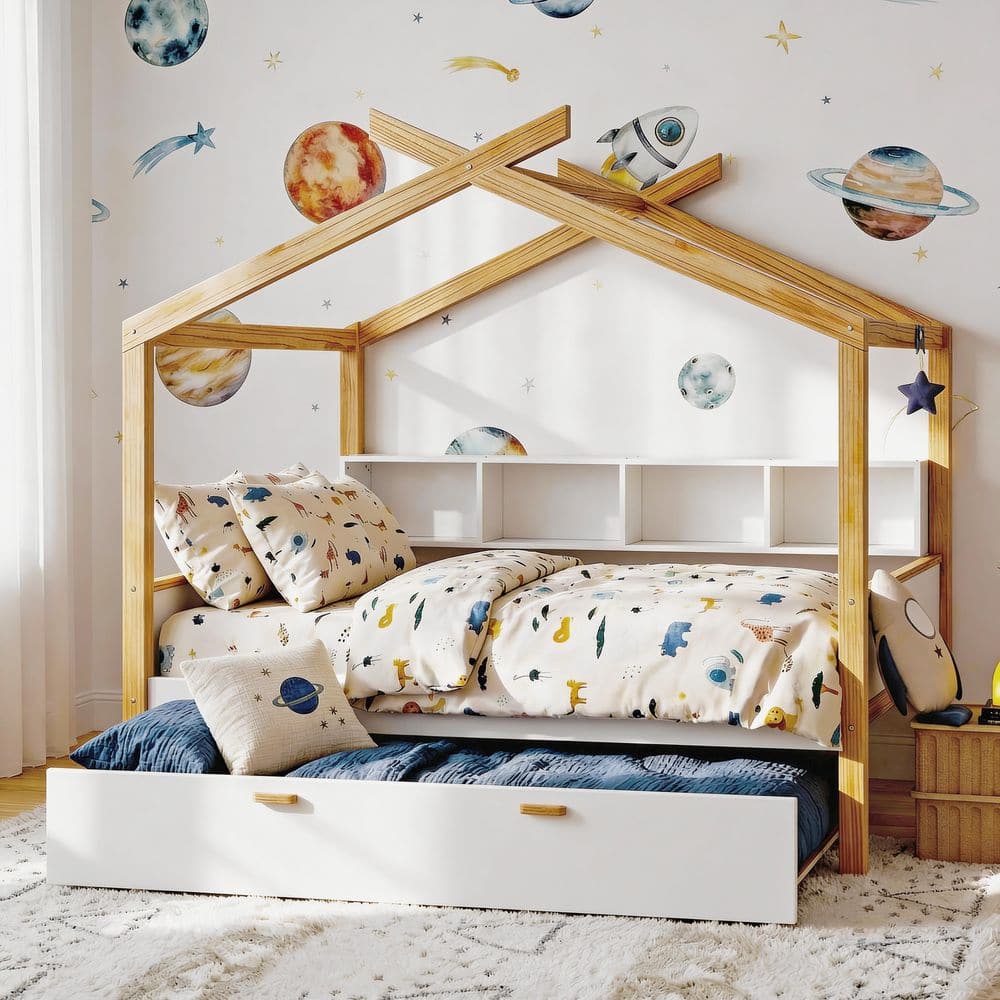Noble House Daniel White+Brown Wood Frame Full Size House Platform Bed ...