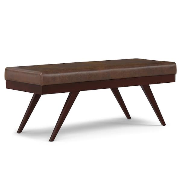 Simpli Home Chanelle 48 in. Rectangle Ottoman Bench in Distressed Chestnut Brown Vegan Faux Leather, Assembled