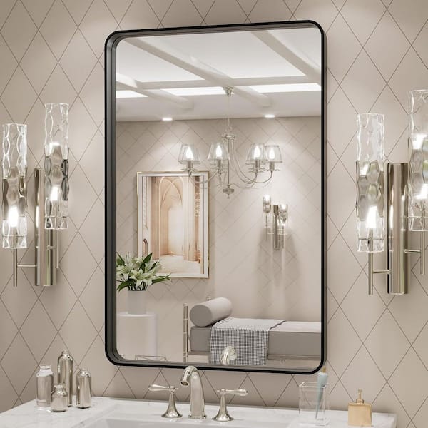 Apmir 24 in. W x 36 in. H Rectangular Aluminum Alloy Framed and Tempered Glass Wall Bathroom Vanity Mirror in Matte Black