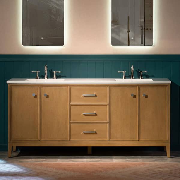 73 in. W x 22 in. D Double Sink Freestanding Bath Vanity in Natural Oak w/ Carrara White Engineered Stone Vanity Top