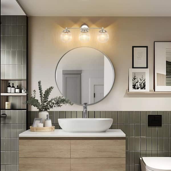 Loudoun 24.4 in. 3-Light Modern Chrome Linear Ribbed Glass Globe Bubble Bathroom Vanity Light over Mirror