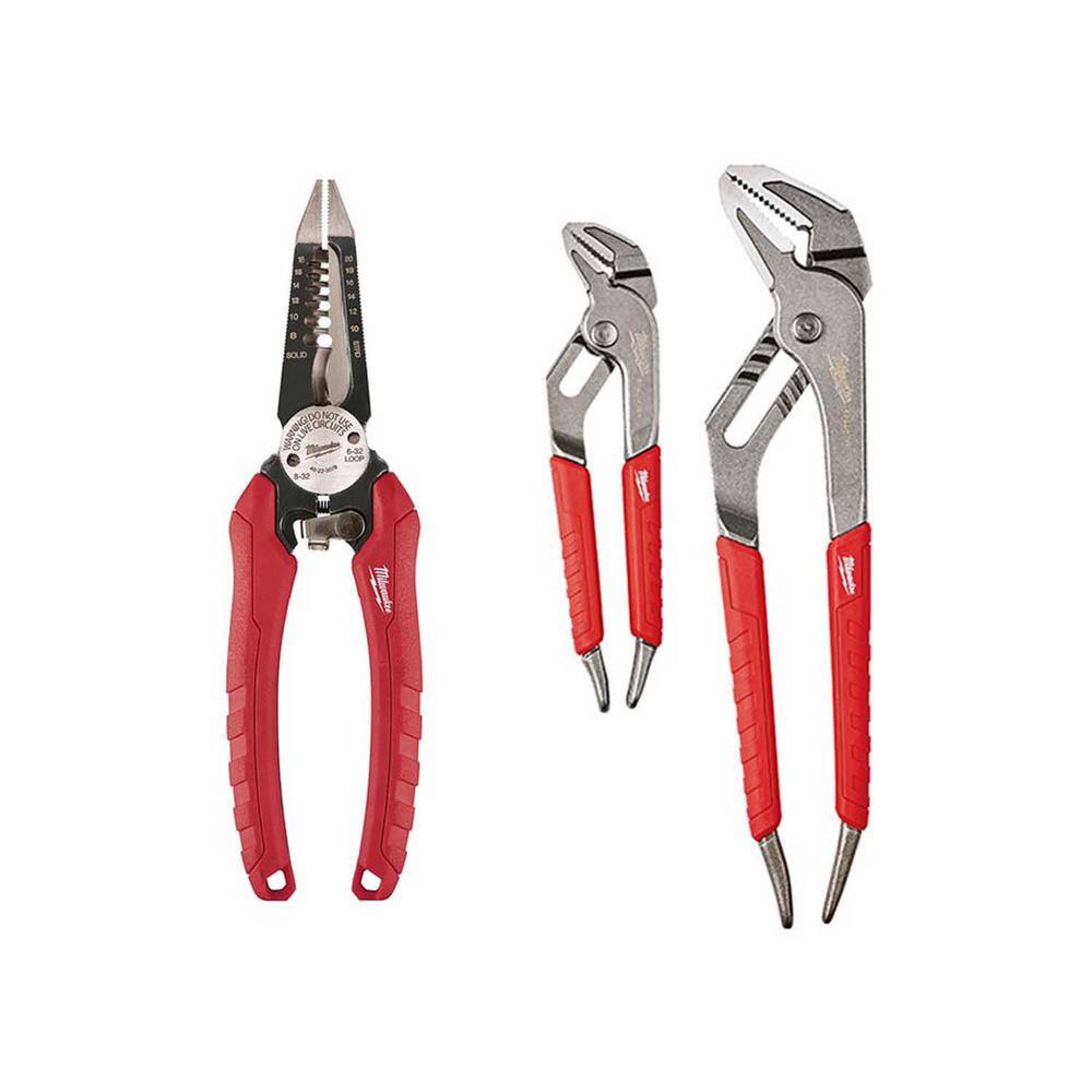 Milwaukee 7.75 in. Combination Electricians 6-in-1 Wire Strippers Pliers  and in. and 10 in. Straight-Jaw Pliers Set (3-Piece) 48-22-3079-48-22-6330  The Home Depot