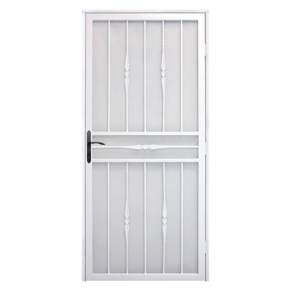 Unique Home Designs 36 in. x 80 in. Cottage Rose White Recessed Mount Steel Security Door with Perforated Metal Screen and Bronze Hardware