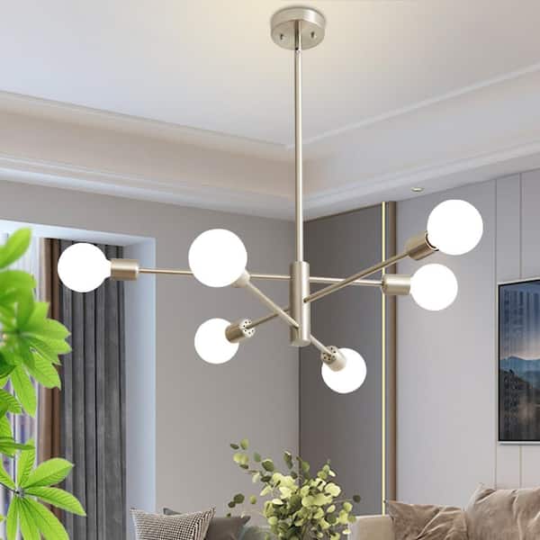 6-Light Vintage Nickel Sputnik Chandelier for Living Room, Mid Century Ceiling Lights without Glass Shade and Bulb