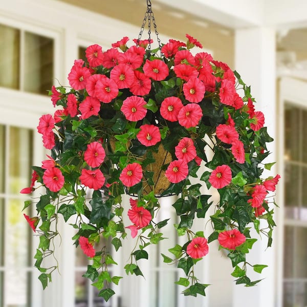 19.7 in Red Artificial Flowers Hanging Basket, Fake Glory Flowers