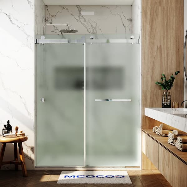 MCOCOD 56-61 in. W x 76 in. H Double Sliding Frameless Smooth Sliding Shower Door in Chrome with 3/8 in. Frosted Glass