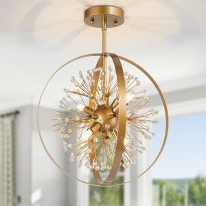 Modern Round Bedroom Ceiling Light 3-Light Gold Globe Semi-Flush Mount Light with Crystal Beads