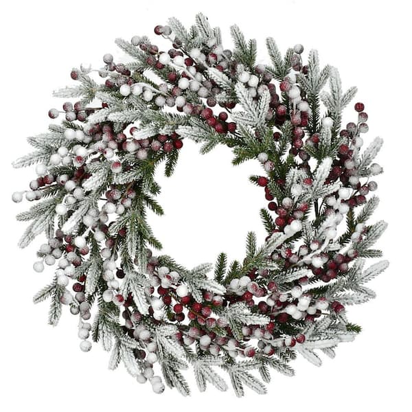 Fraser Hill Farm 25 in. Flocked Artificial Christmas Wreath with Berries