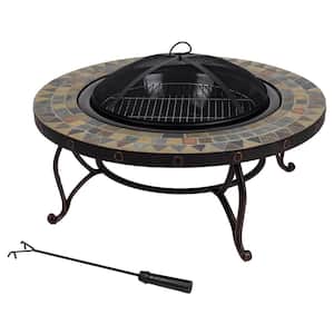 Juniper Slate Top 34 in. W x 19.6 in. H Round Steel Wood Burning Rubbed Bronze Fire Pit