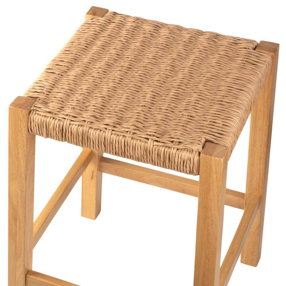 Natural Wood Backless Counter Stool with Woven Seagrass Seat