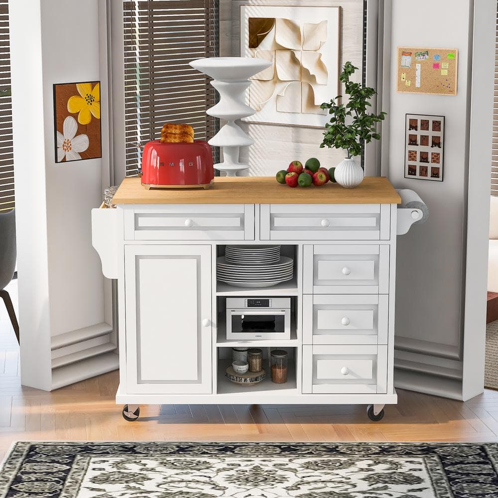 53 in. White Rubber Wood Top Kitchen Cart Island with Storage, 5-Drawers, R