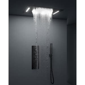 Thermostatic 7-Spray Ceiling Mount Rectangle High Pressure LED Shower Head with Handheld Shower and Valve in Matte Black