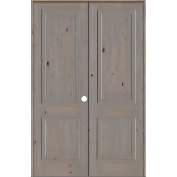 Krosswood Doors 56 in. x 96 in. Rustic Knotty Alder 2-Panel Square Top Left-Handed Grey Stain Wood Prehung Interior Double Door