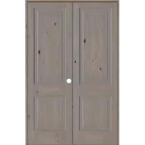 60 in. x 96 in. Rustic Knotty Alder 2-Panel Square Top Left-Handed Grey Stain Wood Prehung Interior Double Door