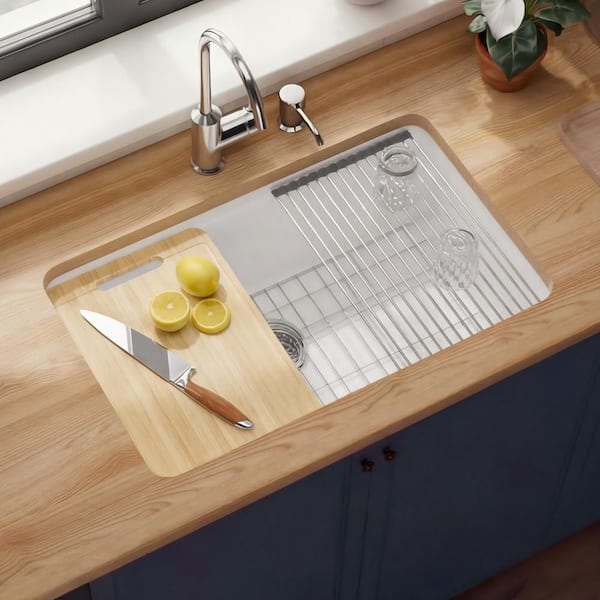 Workstation Kitchen Sink 30 in. Drop-in Single Bowl White Fireclay Kitchen Sink with Cutting-Board and Bottom Grid Drain