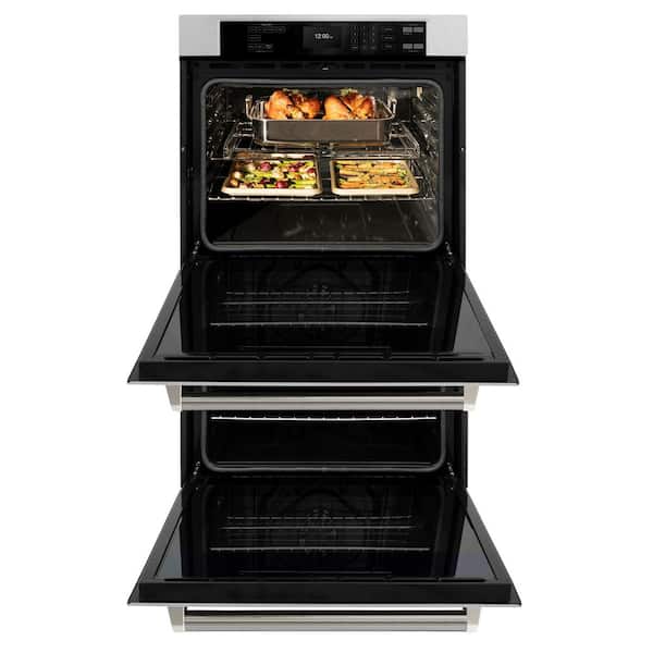 Autograph 30 in. True Convection Double Wall Oven with Air Fry in Satin Steel with Polished Nickel Helix Handles