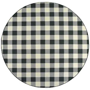 Sienna Black/Ivory 7 ft. x 7 ft. Round Buffalo Check Indoor/Outdoor Area Rug