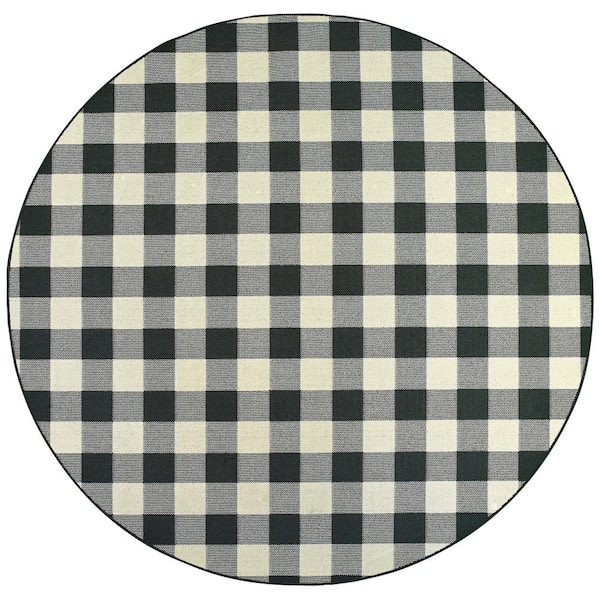 AVERLEY HOME Sienna Black/Ivory 7 ft. x 7 ft. Round Buffalo Check Indoor/Outdoor Patio Area Rug