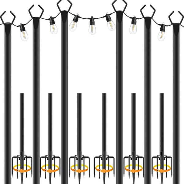 10 ft. Heavy Duty Metal Adjustable String Light Poles with Hooks for Patio, Backyard, Garden, Party, Black (6-Pack)