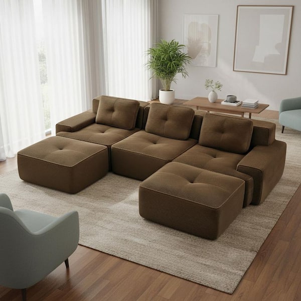 TITK 117 in. Track Arm 4-Piece Corduroy Modular Sectional Sofa with 2 Ottomans and Tufted Design, in. Espresso Brown
