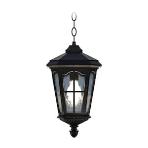 Bentham 17 in. 1-Light Black LED Outdoor Hanging Pendant Light Hammered Glass (Bulb Included)