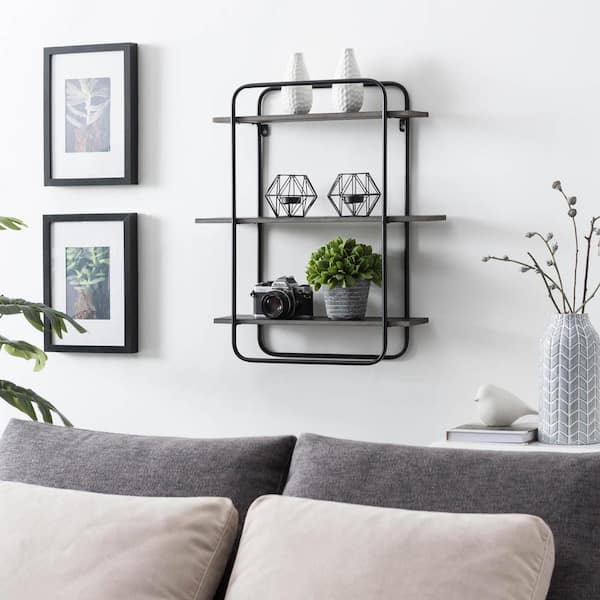 HEMSLY INC Rectangular 5.5 in. x 21.5 in. x 23.75 in. Gray Wood and Iron Floating 3-Tier Decorative Wall Shelf