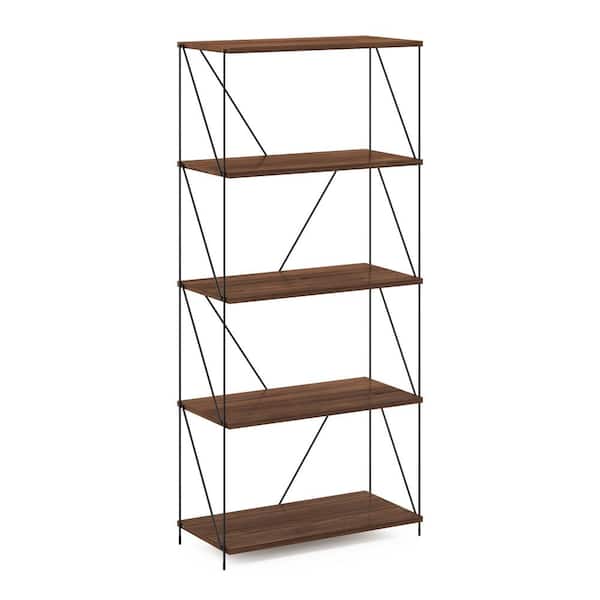 Furinno Besi 24.41 in. W Walnut Cove 5-Tier Industrial Bookcase with Metal Frame