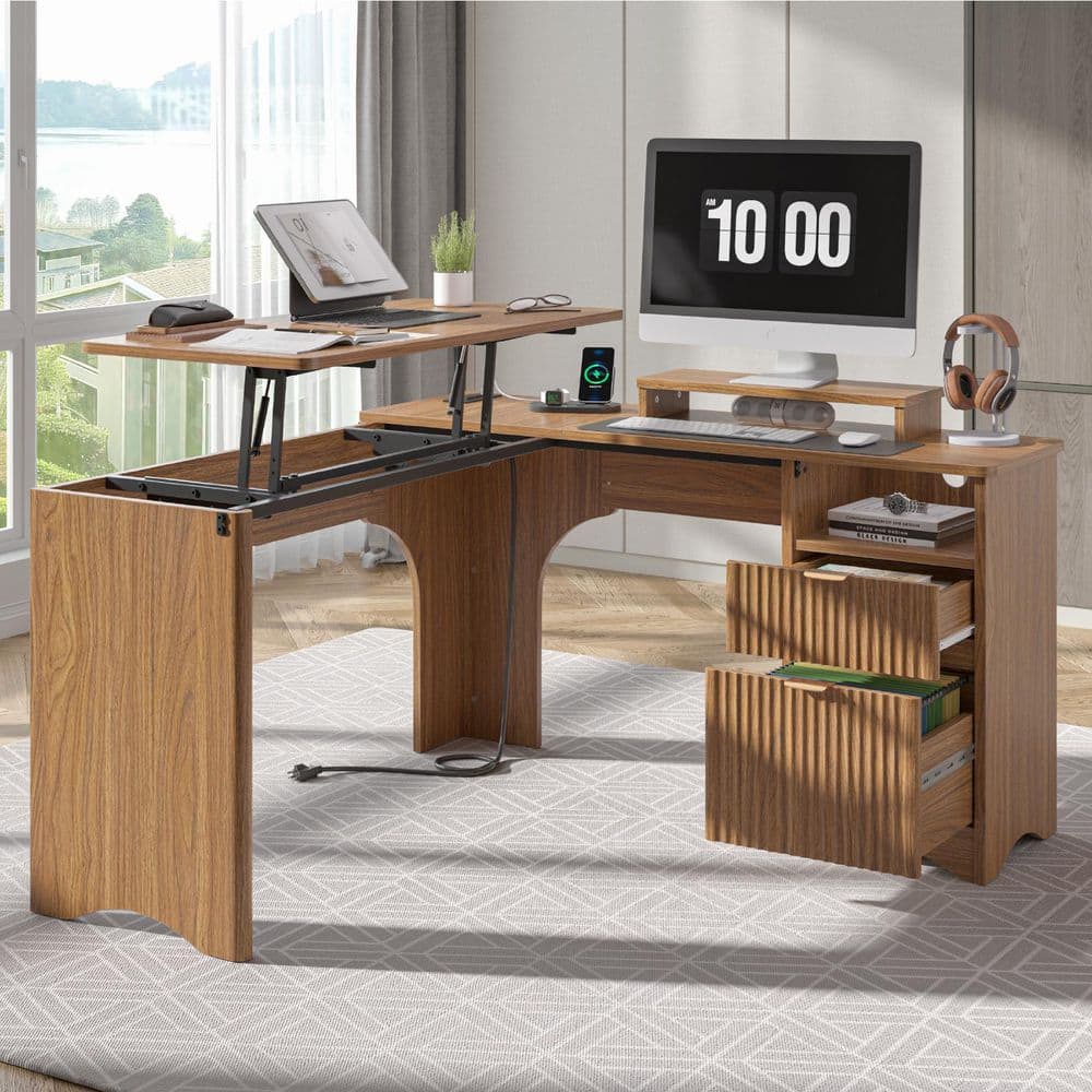 55 in. Brown 2 Storage Drawers L-Shaped Computer Desk with Power Outlets, Lift-Top and Monitor Stand