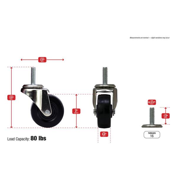 2 X 1 Threaded Stem Casters With Neoprene Wheels – Darcor Style – 125 Lbs Each (4 Pack)