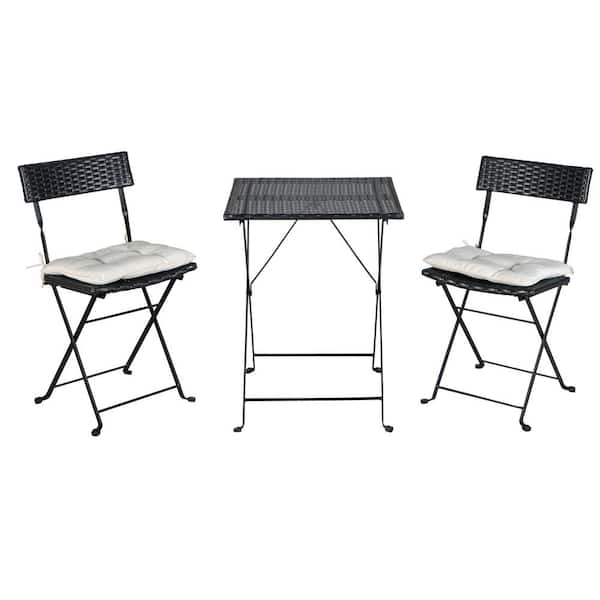 Tatayosi Black 3-Piece PE Wicker Folding Patio Outdoor Bistro Set with Beige Cushion