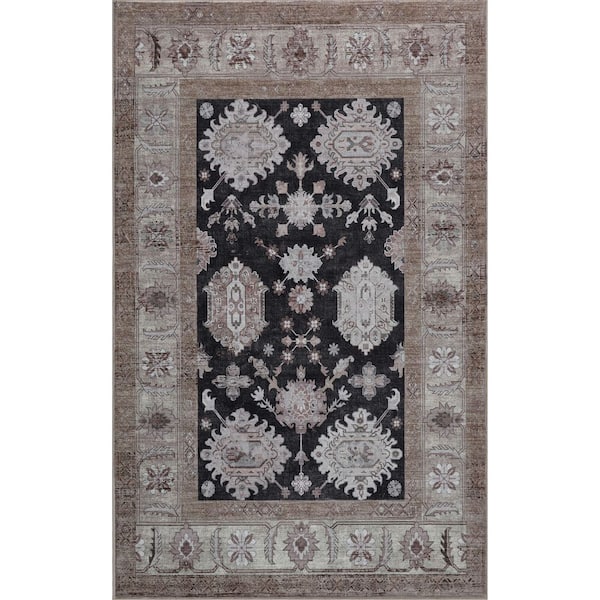 Kisara Oushak Style Distressed Border Non-Slip Machine-Washable Charcoal/Beige 8 ft. x 10 ft. Area Rug