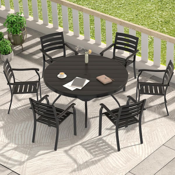 7-Piece Black Metal Outdoor Dining Set with 52.95" Round Table