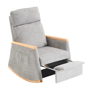 Accent Wood Outdoor Rocking Chair with Footrest, High Back, Side Pockets and Grey Cushions for Bedroom, Living Room