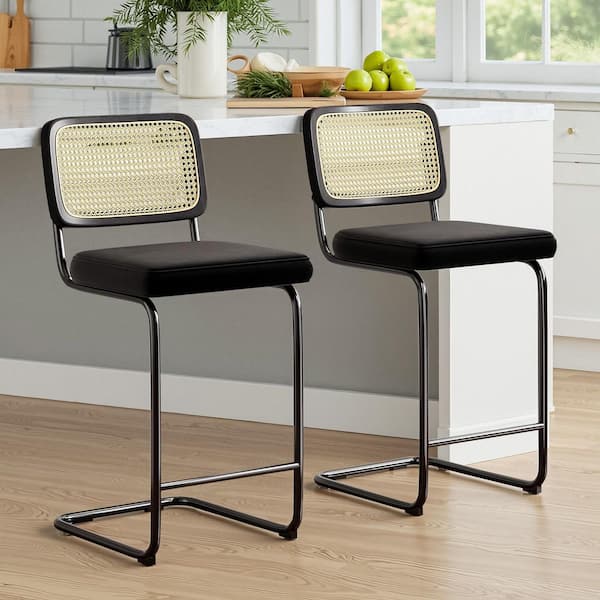 Lirago Black Upholstered Velvet 24 in. Height Bar Stool with Rattan Back (Set of 2)