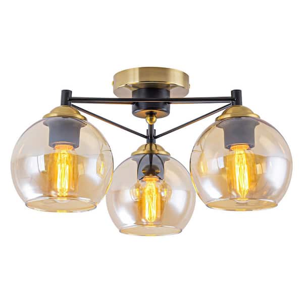 17.7 in. 3-Light Modern Industrial Copper and Matte Black Finish Flush Mount Ceiling Light with Amber Glass Globe Shades
